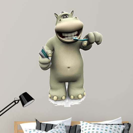 Cartoon Hippo Brushing His Wall Decal