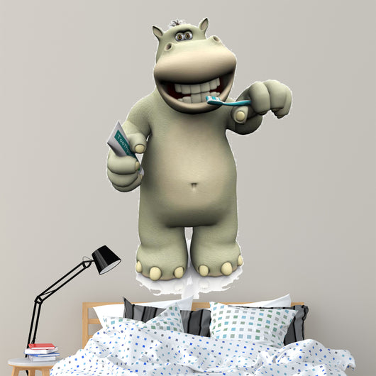 Cartoon Hippo Brushing His Wall Decal