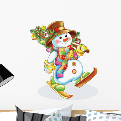 Cheerful Snowman With Christmas Tree Wall Decal shown on a wall