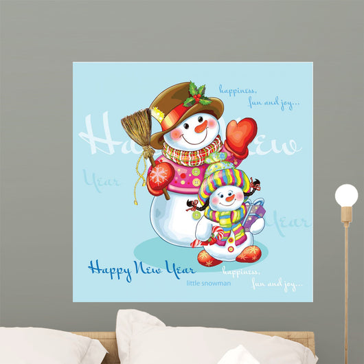 two happy snowman with gifts Wall Mural
