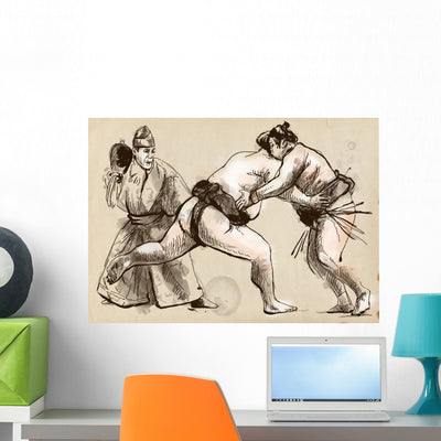 Sumo Full Sized Hand Drawn Illustration In Calligraphic Style Wall Decal shown on a wall
