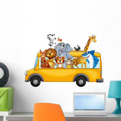 Animals On School Bus Wall Decal shown on a wall
