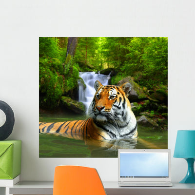 Siberian Tiger Water Wall Decal shown on a wall