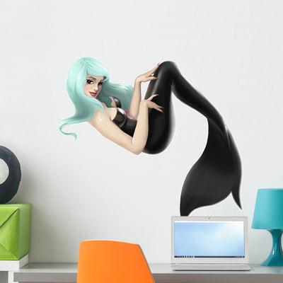 Blue-Haired Mermaid Wall Decal shown on a wall