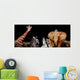 A group of animals are together on a black background with text Wall Mural