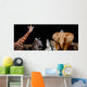 A group of animals are together on a black background with text Wall Mural