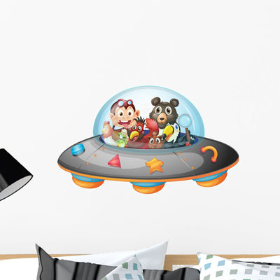 Playful Animals inside Saucer Wall Decal shown on a wall