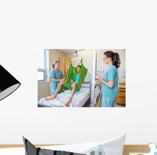 Nurses Looking At Patient Sitting On Cloth Of Hydraulic Lift Wall Mural