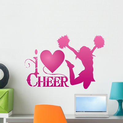 I Love Cheer With Jumping Cheerleader Wall Decal shown on a wall