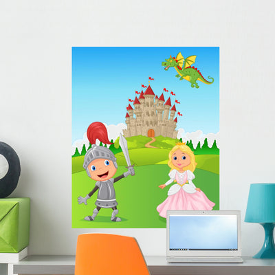 Knight Princess and Dragon Wall Decal shown on a wall