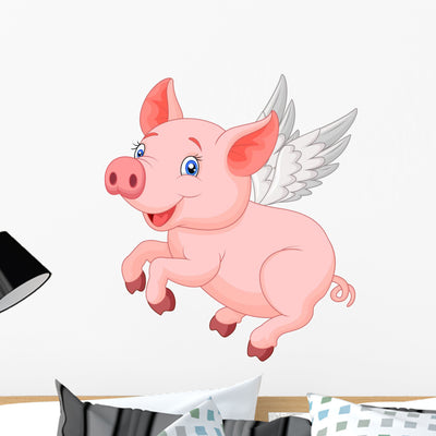 Cute Pig Cartoon Flying Wall Decal shown on a wall