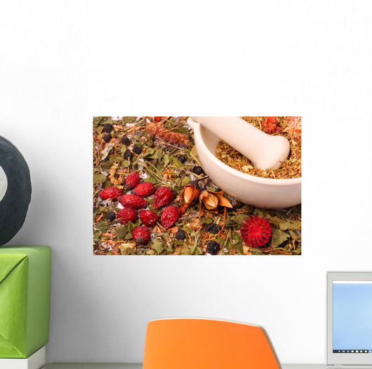 Mortar and pestle with herbs Wall Mural