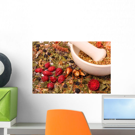 Mortar and pestle with herbs Wall Mural