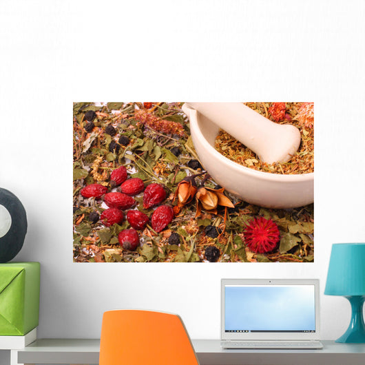Mortar and pestle with herbs Wall Mural
