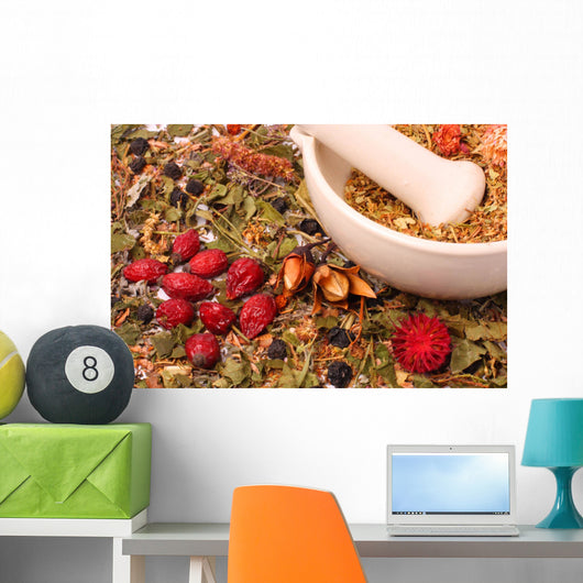 Mortar and pestle with herbs Wall Mural