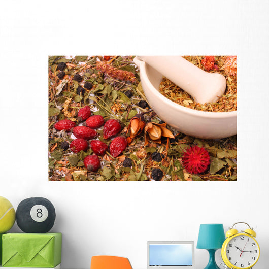 Mortar and pestle with herbs Wall Mural