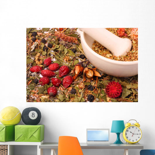 Mortar and pestle with herbs Wall Mural