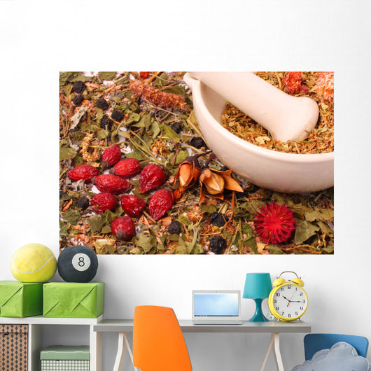 Mortar and pestle with herbs Wall Mural