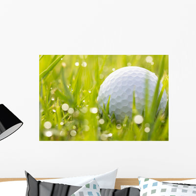 Golf Ball On Grass With Water Drops Wall Decal shown on a wall
