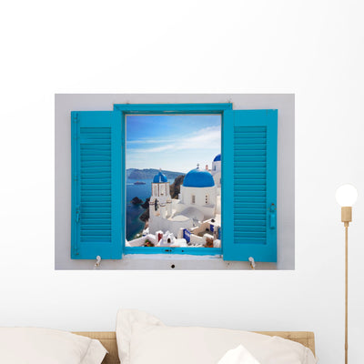 Santorini Scene Window Wall Decal shown on a wall