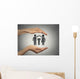 woman's hands protecting happy family, grey wall background  Wall Mural