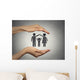 woman's hands protecting happy family, grey wall background  Wall Mural