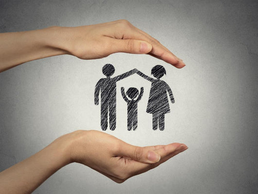 Woman's Hands Protecting Happy Family, Grey Wall Background Wall Decal