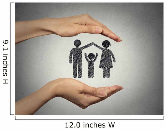 woman's hands protecting happy family, grey wall background  Wall Mural