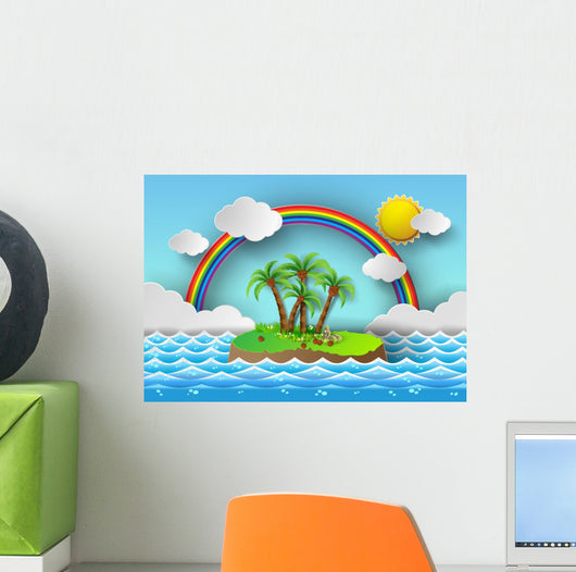 Tropical palm on island with sea and rainbow.vector illustration Wall Mural