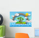 Tropical palm on island with sea and rainbow.vector illustration Wall Mural