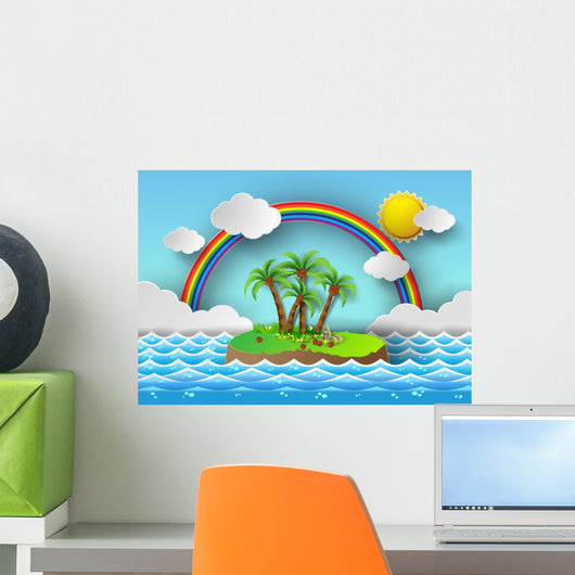 Tropical palm on island with sea and rainbow.vector illustration Wall Mural