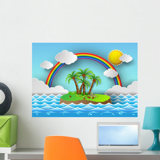Tropical palm on island with sea and rainbow.vector illustration Wall Mural