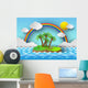 Tropical palm on island with sea and rainbow.vector illustration Wall Mural
