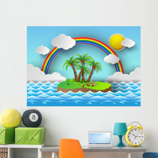 Tropical palm on island with sea and rainbow.vector illustration Wall Mural