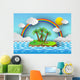 Tropical palm on island with sea and rainbow.vector illustration Wall Mural