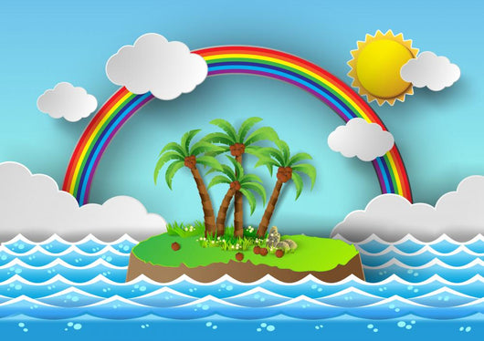 Tropical Palm On Island With Sea And Rainbow. Vector Illustration Wall Decal
