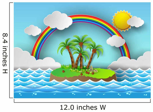 Tropical palm on island with sea and rainbow.vector illustration Wall Mural