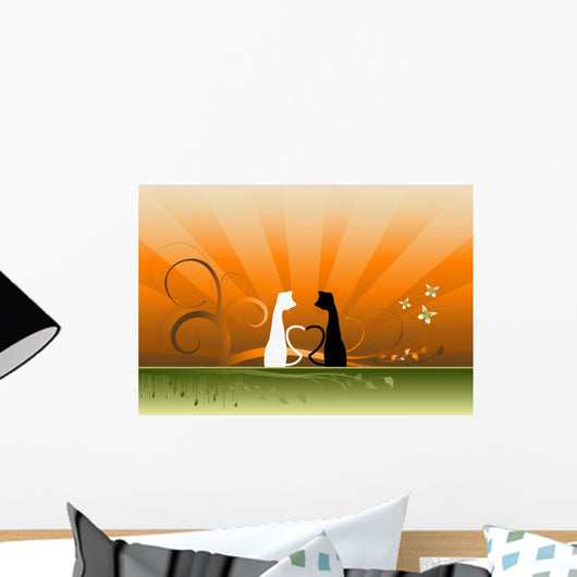 Romantic cats against beautiful landscape Wall Mural
