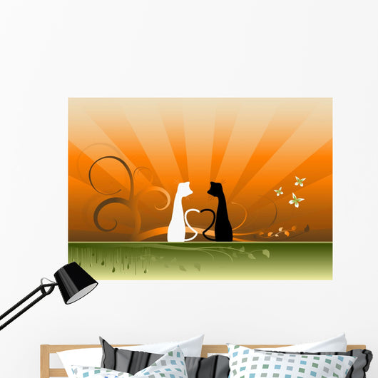 Romantic cats against beautiful landscape Wall Mural