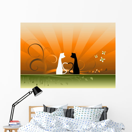 Romantic cats against beautiful landscape Wall Mural