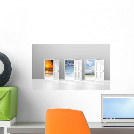 Choice of doors opening to vacation destinations Wall Mural