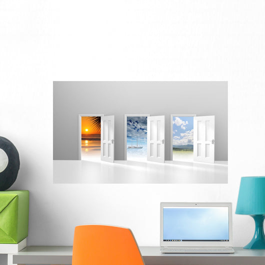 Choice of doors opening to vacation destinations Wall Mural