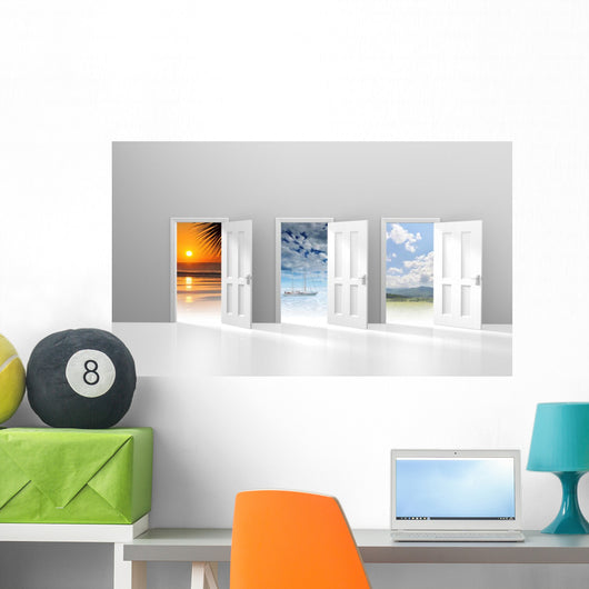 Choice of doors opening to vacation destinations Wall Mural