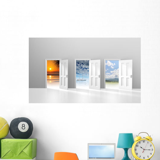 Choice of doors opening to vacation destinations Wall Mural