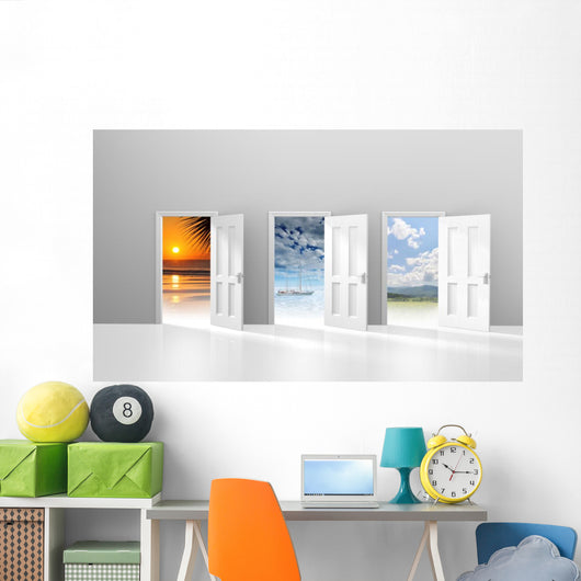 Choice of doors opening to vacation destinations Wall Mural