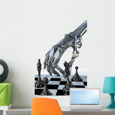 Robot Or Cyborg Plays A Chess. High Technology 3D Illustration Wall Decal shown on a wall