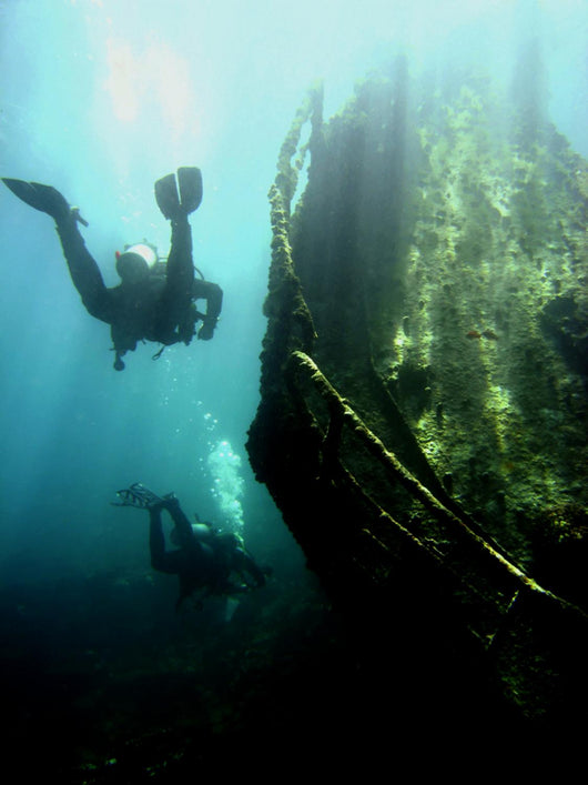 Wreck With Sunbeams Showing Bow Of Boat And Divers Wall Decal