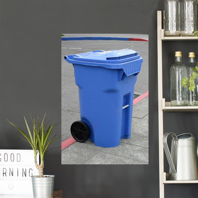 Blue Recycling Container Wall Decal shown on a wall
