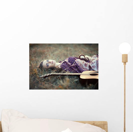 hippie girl guitar Wall Mural