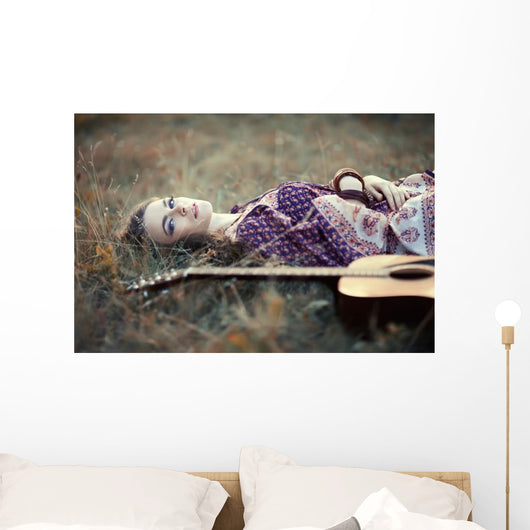 hippie girl guitar Wall Mural